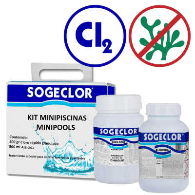 Productos de limpieza de piscinas: Kit minipiscinas Sogeclor: Cloro rápido granulado y Alguicida.
