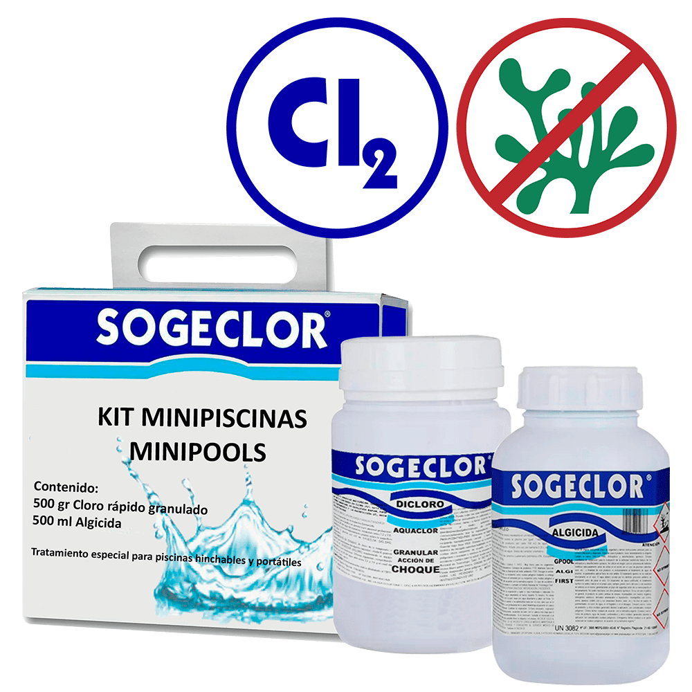 Productos de limpieza de piscinas: Kit minipiscinas Sogeclor: Cloro rápido granulado y Alguicida.