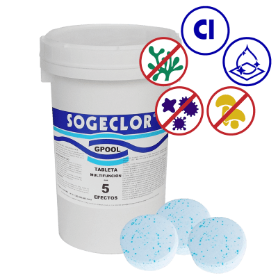 Cloro Tableta 5 efectos Sogeclor de acción lenta en envase de 1 kilo.