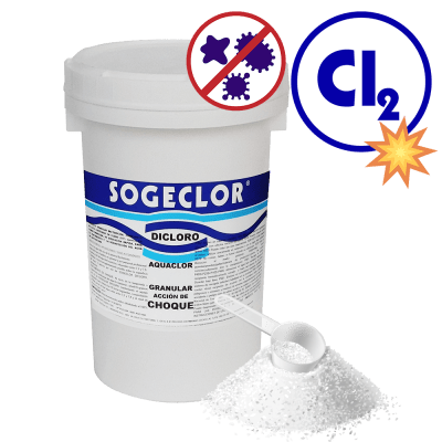 Dicloro Choque Sogeclor de acción rápida en envase de 1 kilo.